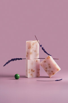 Handmade lavender soap bar with botanical flower still life