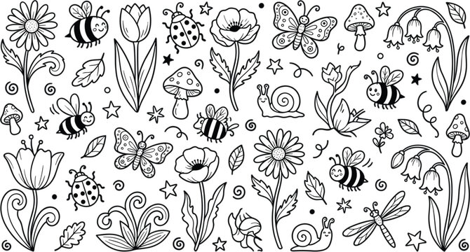 Spring Garden Nature Doodle Vector Set with Hand Drawn Sketch Elements for Coloring Book Page Cute Bees Butterflies Flowers and Mushrooms Graphic Designs