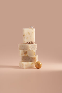 Handmade natural soap bar with seashell in beige still life