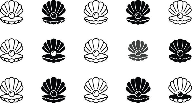 Seashell with Pearl Line and Solid Icon Set with Open Oyster Clam Scallop Marine Animal Marine Life and Luxury Jewelry Branding Vector Graphic Designs