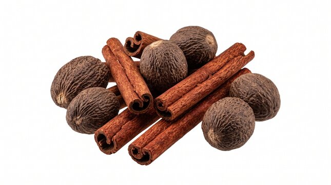 Aromatic spices including cinnamon and nutmeg isolated on white background  