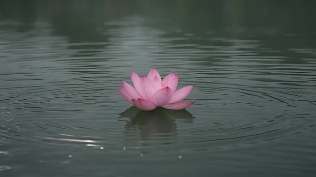 Single Pink Lotus Flower Floating on Rippling Water Surface