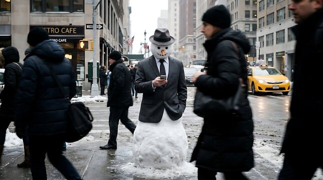 Snowman costume wearing suit and hat standing on snowy metropolitan street