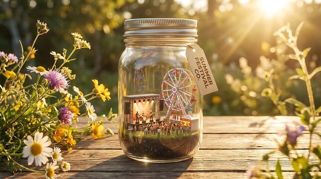Miniature fairground display inside a glass mason jar on a rustic outdoor table