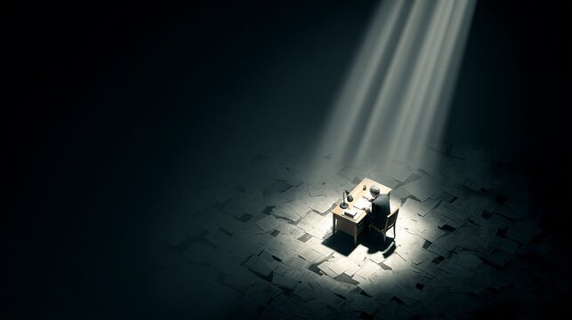 A solitary journalist seated at a cluttered desk, illuminated by dramatic beams of light in a dark environment, surrounded by scattered papers that symbolize the quest for truth and enlightenment in s