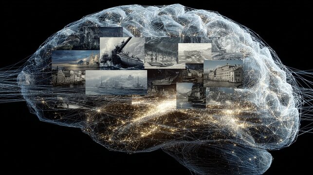 Conceptual visualization of a brain illustrating a new paradigm in risk management, showcasing interconnected images of historical events and ships within neural pathways, emanating a futuristic and t