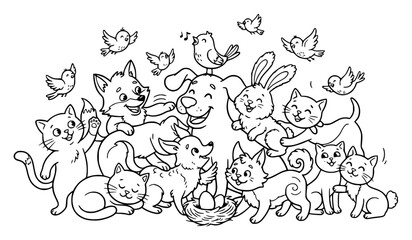 Obraz premium Playful black and white line art illustration of a group set with simple line art design featuring sketches, drawings, vector graphics with minimalist and simple illustrations