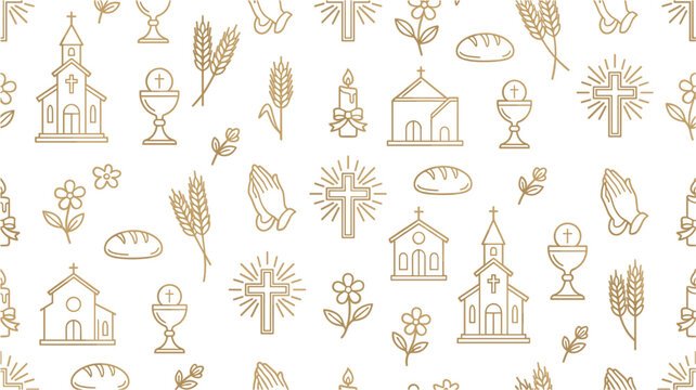 Christian Church First Communion Seamless Pattern with Gold Line Art Icons of Cathedral Architecture Chalice Praying Hands Cross Bread Wheat and Flower Wallpaper Designs