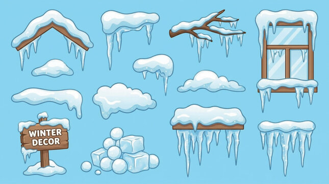 Snow caps and icicles vector set with snowdrift, frozen window, wooden sign board, tree branch, ice cubes, and snowballs isolated on blue background