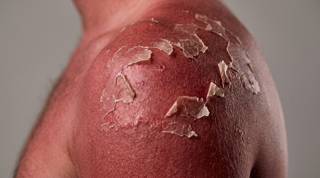 Severely sunburned shoulder of man with peeling skin and red painful sun damage after UV exposure