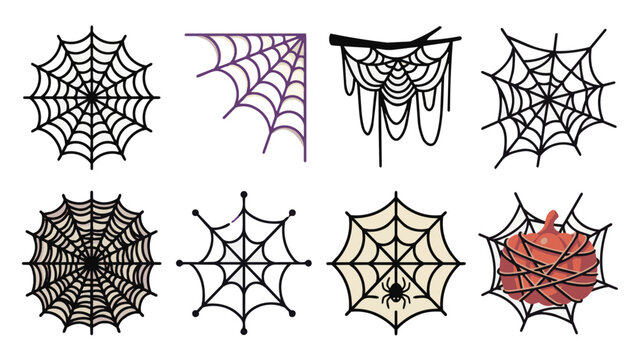 Halloween Spider Web Set Vector Illustration, Circular Corner Hanging Irregular Cobweb Flat Design Isolated on White Background