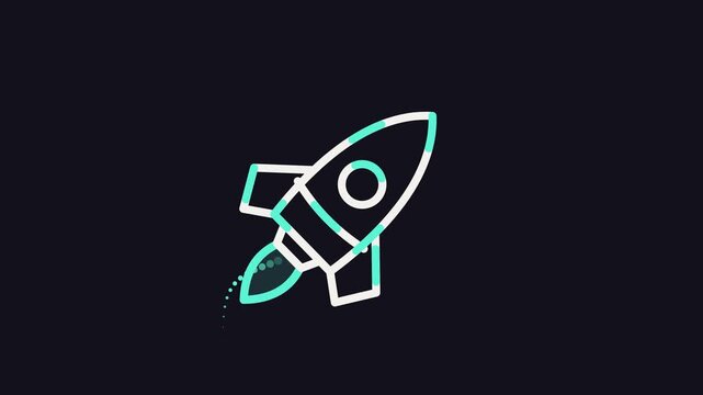 Animated rocket ship icon launching, representing startup, business growth, technology, and space exploration. Looping motion graphic on dark background.