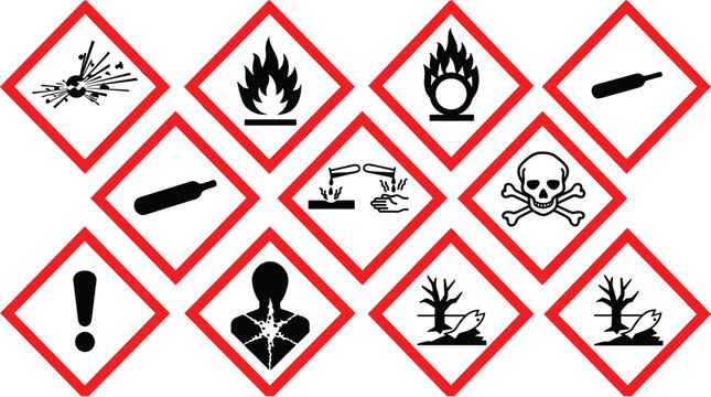 GHS Hazard Pictograms Vector Set with Globally Harmonized System Chemical Safety Symbols for Lab Warning Labels, OSHA Signs, and Industrial Workplace Safety Graphic Designs