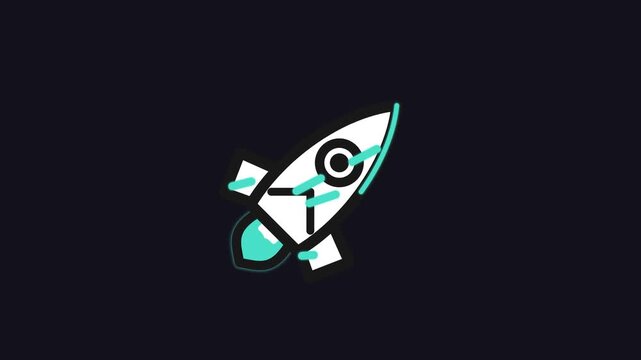 Minimalist 2D animated rocket spaceship icon launching on dark background