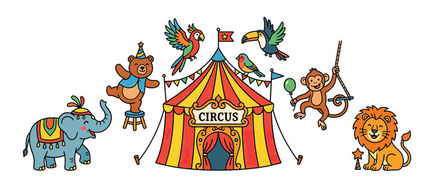 Cute cartoon circus animals and tent, isolated on white