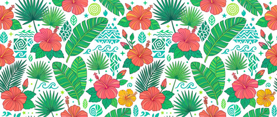 Tropical Hibiscus Flower and Palm Leaf Pattern © mutiara