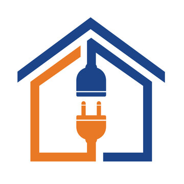 Electric Plug Wire Cable with House, Home Electricity Installation logo design