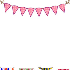 Obraz premium Row of colorful celebration flags and banners strung as a festive garland on white background, ideal for party invitations, event decor, birthday, wedding, and holiday designs