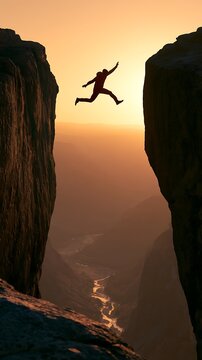 man jumping between two cliffs at sunset
