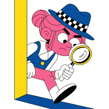 Cute woman snoop detective magnifying glass tec peeking out corner search help noir female cartoon character design isolated vector illustration
