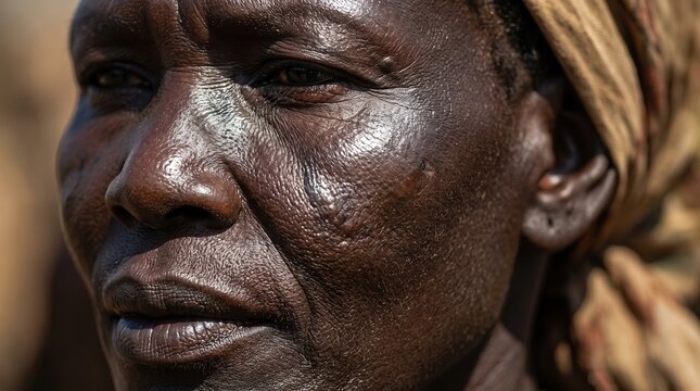 Close up portrait of mature African woman with deep textured dark skin and traditional scarification