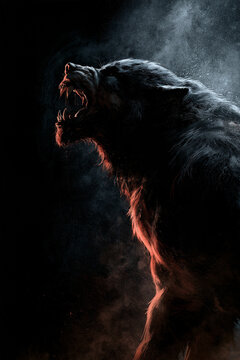 Scary Werewolf Art for Halloween Showing Roaring Wolf Beast in Dark Profile with Fangs and Dramatic Red Rim Lighting
