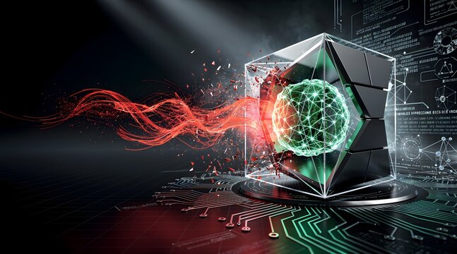 Futuristic artificial intelligence cube with glowing neural network core and energy waves for advanced computing research and technology