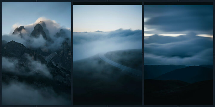 Mountain peaks covered in thick fog, a misty forest road, and rolling hills under clouds