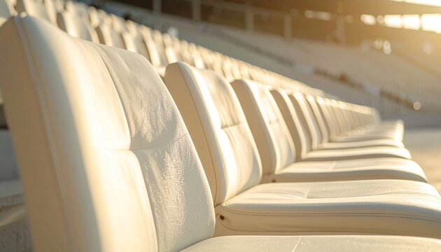 Row of comfortable white stadium seats in an empty sports arena