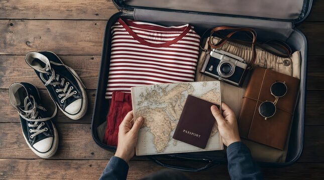 Open suitcase filled with travel gear including a map passport and camera for vacation planning lifestyle photography for blogs and websites