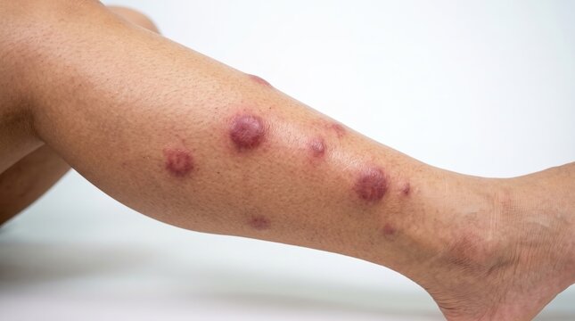Close up of human leg lower shin showing swollen red erythema nodosum lesions and skin inflammation