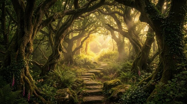 Enchanted forest path with ancient trees and glowing sunlight creating a magical atmosphere for fantasy themes