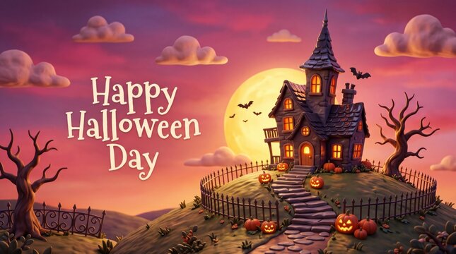 Spooky Haunted House on a Hill with Full Moon and Happy Halloween Day Text.