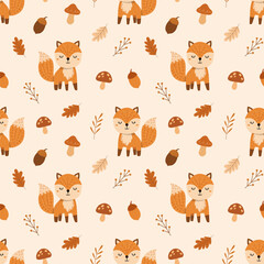 Fototapeta premium Cute autumn fox vector seamless pattern with oak leaves, mushrooms, and acorns on warm cream background for woodland nursery decor, apparel, and wallpaper.