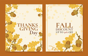 Fototapeta premium Thanksgiving and fall discount poster templates with oak leaves acorns and warm seasonal colors