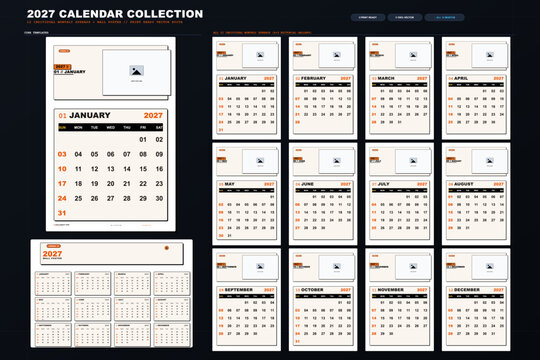 Calendar 2027 annual yearly planner template sunday start week brutalist bold amber orange desk wall schedule organizer stationery business vector layout