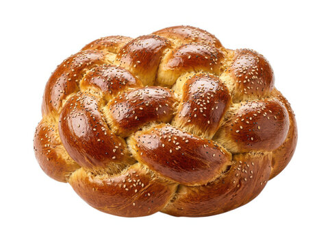 Fresh round braided challah bread loaf with poppy seeds on a plain kitchen surface