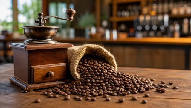 Vintage coffee grinder with burlap sack spilling roasted coffee beans on wooden table in a rustic cafe setting with blurred background elements