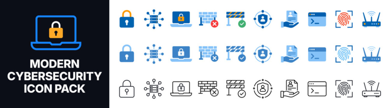 Modern Cybersecurity Icon Pack with Firewall, Malware Protection, Secure Laptop, Fingerprint Authentication, User Shield, Padlock, Terminal and WiFi Router Symbols in Blue Vector Style