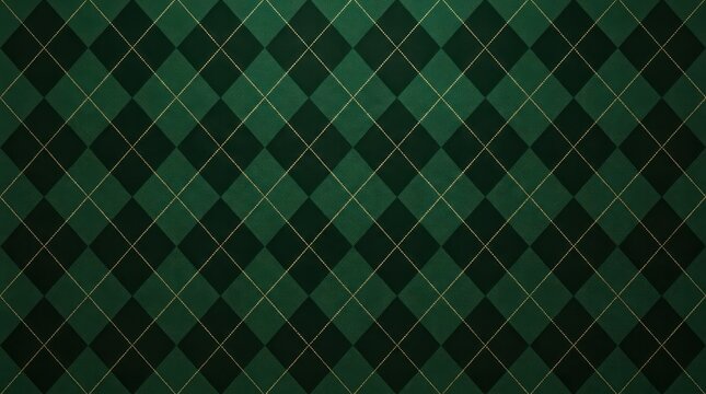 Dark green argyle pattern with subtle gold lines on textured background