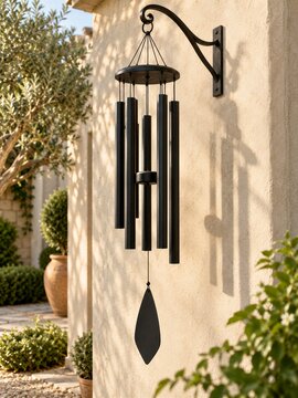 Black Metal Wind Chimes on Stucco Garden Wall