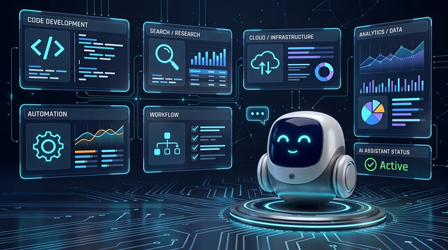 Automated enterprise system control panel with smart robot overseeing cloud infrastructure and programming workflow operations