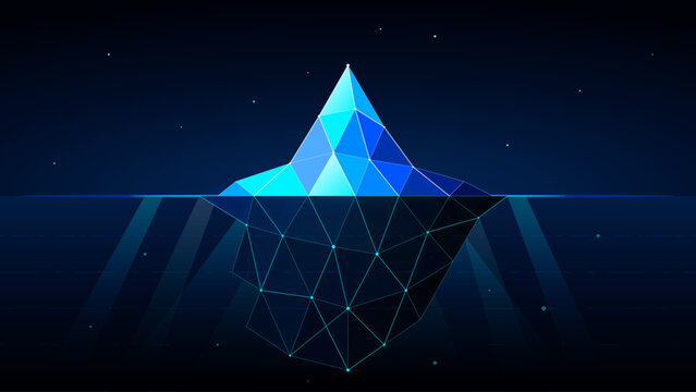 Digital iceberg visualization as a wireframe concept of hidden data structure with wireframe geometric triangle underwater structure polygonal abstract technology information computing