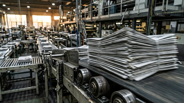Newspaper production line with folded papers on a conveyor belt in a factory