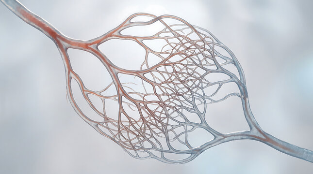 3d anatomical model of capillary network plexus isolated showing arteriole venule branching and microvascular circulation