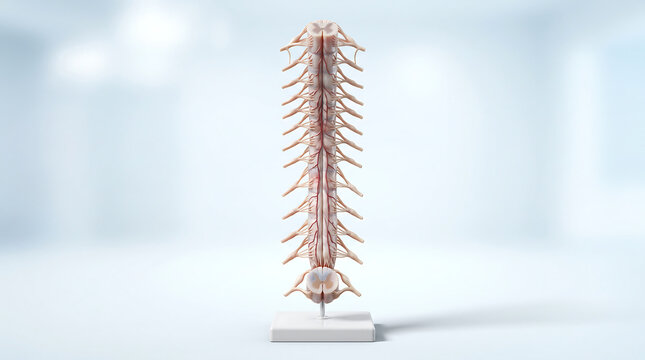 Anatomical model of human spinal cord isolated showing spinal nerve roots central nervous system structure and vertebral column nervous tissue