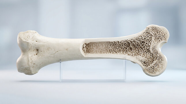 Human femur bone anatomical model with longitudinal section revealing trabecular bone and marrow cavity on display stand