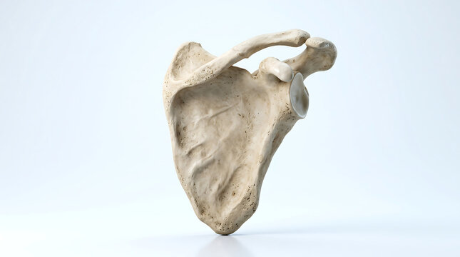 Isolated 3D anatomical model of human scapula shoulder blade with clavicle acromion and glenoid cavity on light background
