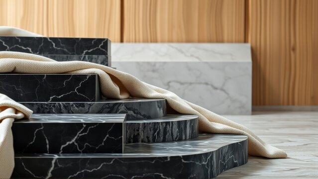 Black marble steps draped with beige fabric. Minimalist design, warm wood backdrop creates elegant interior scene.
