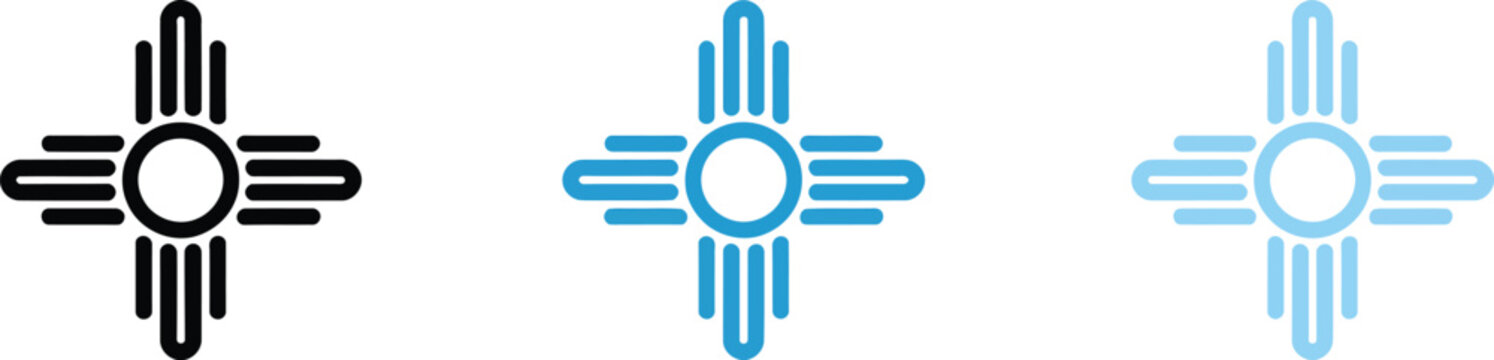 Zia symbols set, Native American sun sign representing harmony, sacred traditions, cultural heritage, New Mexico state identity, and indigenous symbolism